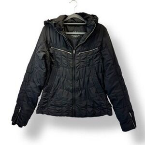 Prana Women's Black Hooded Puffer Jacket Quilted Full Zip Coat - Medium